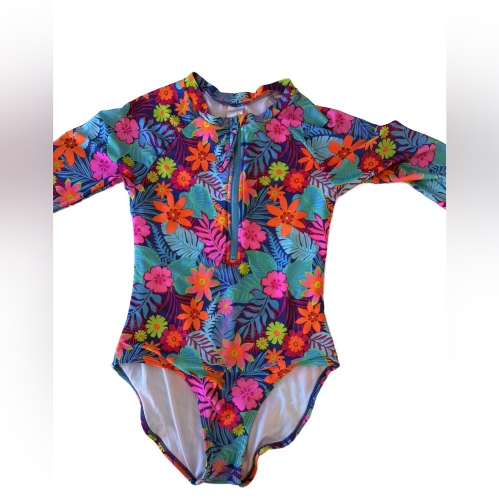 Cat & Jack Girls' One-Piece Rash Guard Swimsuit, Blue, Pink, Orange, Green. 14
